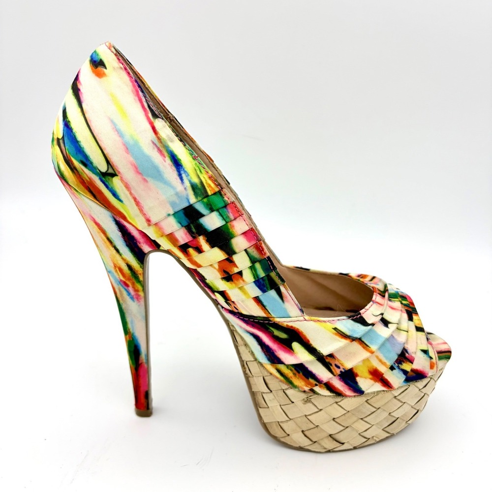 River Island Multicolor Abstract Pleated Peep Toe Platform Heels Pumps EU 38 7.5 - Picture 9 of 11